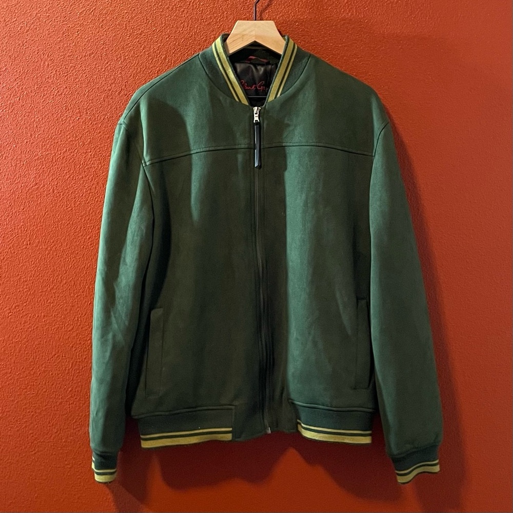 Robert Graham Men’s Green Faux Suede Stripe Rib Trim Varsity Bomber Jacket